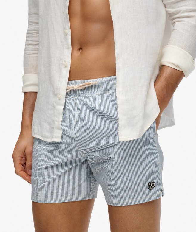 Seer Sucker 15-inch Swim Shorts - Rice White/Light Blue