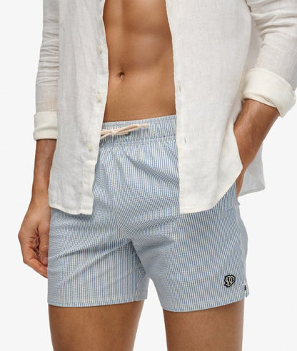 Seer Sucker 15-inch Swim Shorts - Rice White/Light Blue