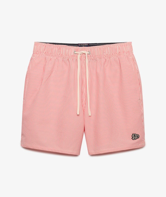 Seer Sucker 15-inch Swim Shorts - Coral & White