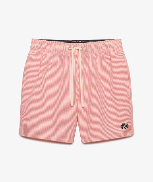 Seer Sucker 15-inch Swim Shorts - Coral & White
