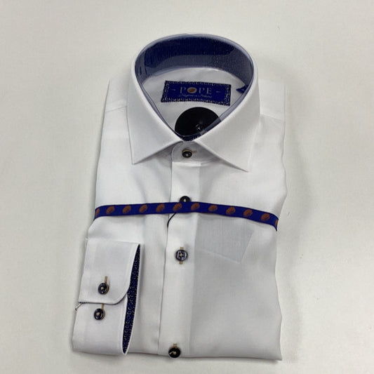 White Plain Shirt with Navy Inlay Collar