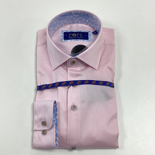 Plain Pink Shirt w Blue Paisley Inlay Collar